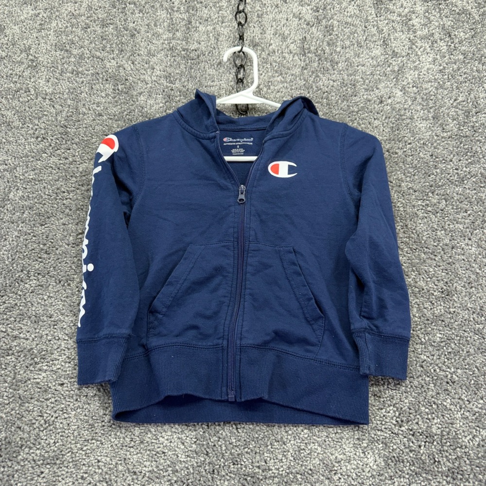 Champion Full Zip Hoodie Boys 5 Navy Blue Script Logo Fleece Active Sweatshirt